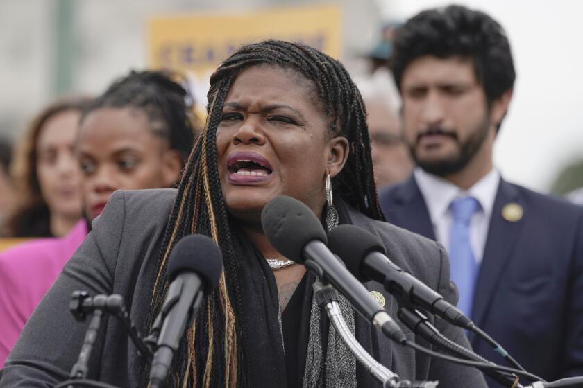 FILE - Rep. Cori Bush, D-Mo., talks during a news conference to call for a ceasefire in Israel and Gaza on Capitol Hill, Friday, Oct. 20, 2023, in Washington. (AP Photo/Mariam Zuhaib)