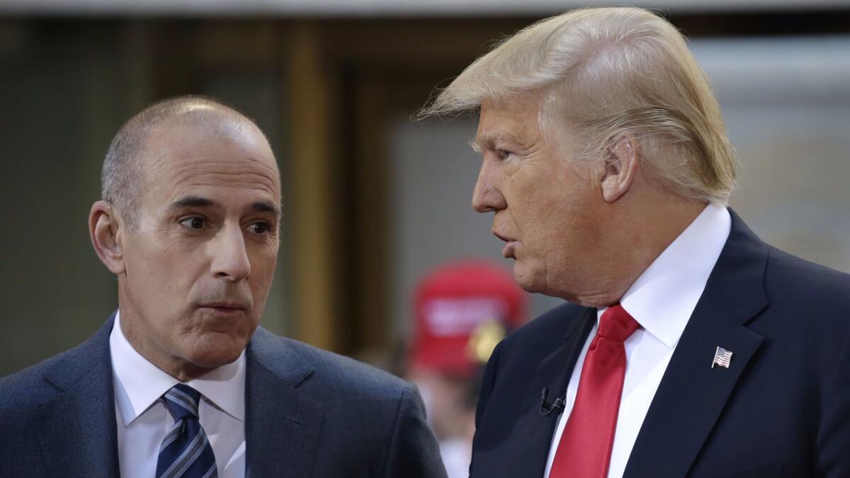 Then-"Today" show host Matt Lauer speaks with then-Republican presidential candidate Donald Trump on April 21, 2016.