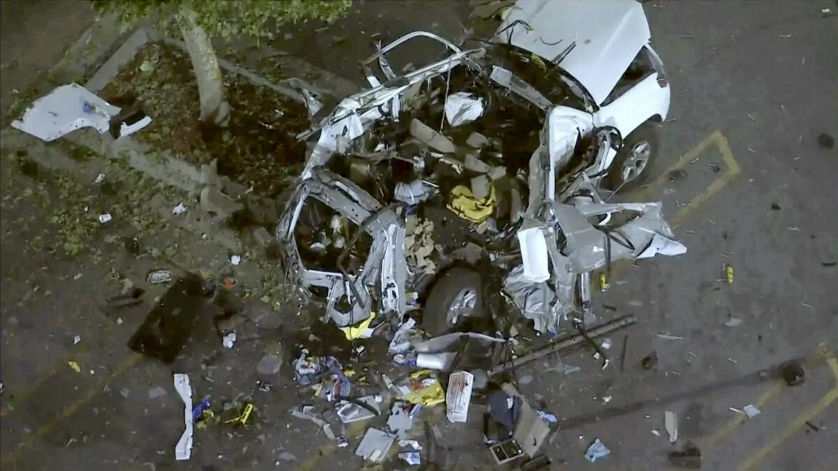 An SUV was destroyed in an explosion in a Van Nuys neighborhood parking lot in Los Angeles Thursday night, May 23, 2024.
