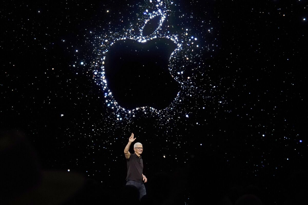 FILE - Apple CEO Tim Cook speaks at an Apple event on the campus of Apple's headquarters in Cupertino, Calif., on Sept. 7, 2022. Apple Music is about to reach a huge numerical milestone — offering an eye-popping 100 million songs available on the streaming service. (AP Photo/Jeff Chiu, File)