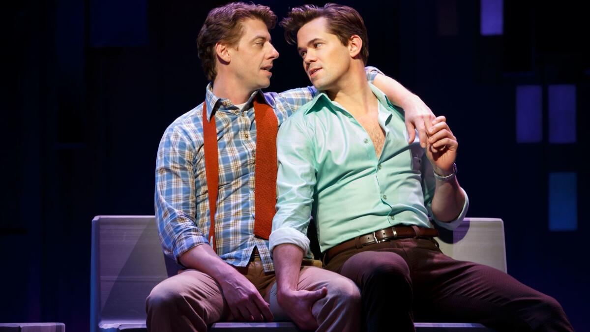 Christian Borle, left, and Andrew Rannells in "Falsettos"