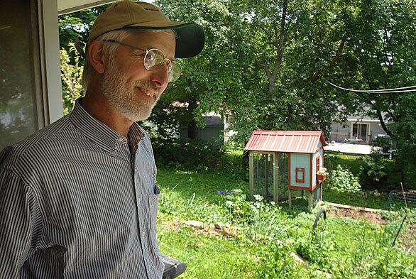 Dennis Harrison-Noonan's self-designed chicken coop, which has provoked some neighborhood opposition, provides a home for the poultry he keeps in the backyard of his Madison, Wis., home. Madison adopted, at local poultry fans' urging, regulations similar to those in Los Angeles, as well as Seattle, Chicago and Baltimore, that allow up to four chickens per property. The animals are to be raised for eggs and must be housed in a coop that is separated from neighboring homes. (Roosters are typically banned in cities because of crowing.)