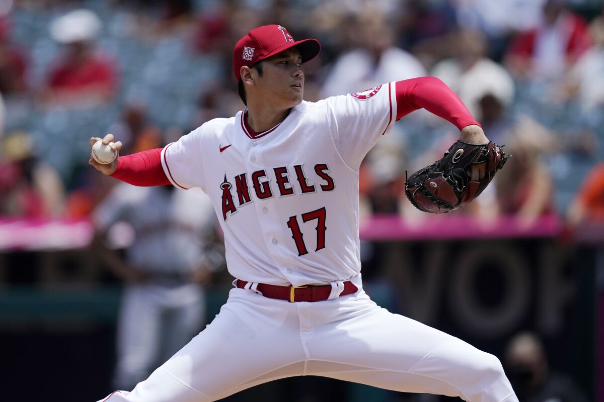 Shohei Ohtani pitches against the Giants at Angel Stadium on June 23.