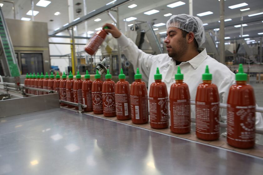 IRWINDALE, CA JANUARY 30, 2015 -- A worker keeps an eye on the production line as freshly filled Sriracha sauce bottles move on a conveyor for packaging at Huy Fong Foods Inc. in Irwindale. (Irfan Khan / Los Angeles Times)