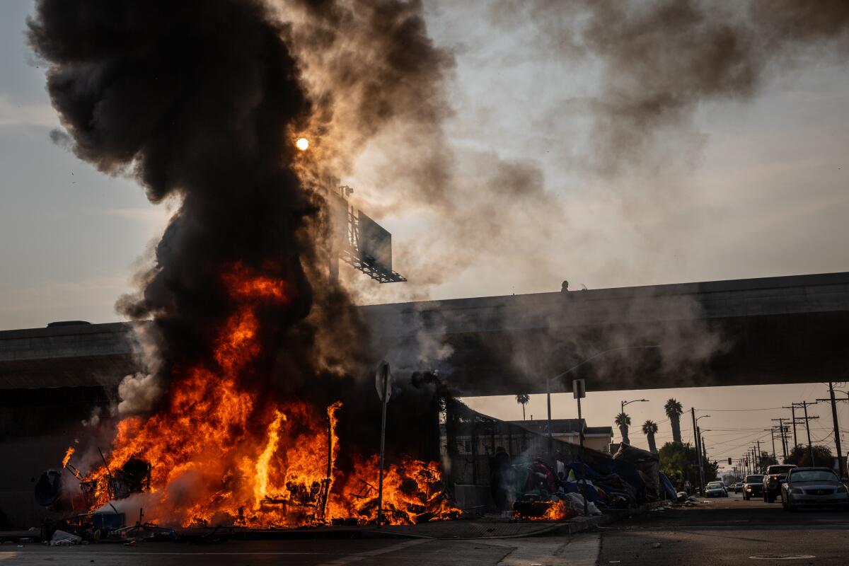 A fire next to a freeway underpass.