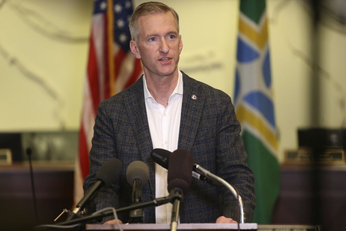Mayor Ted Wheeler of Portland, Ore., at a news conference in August
