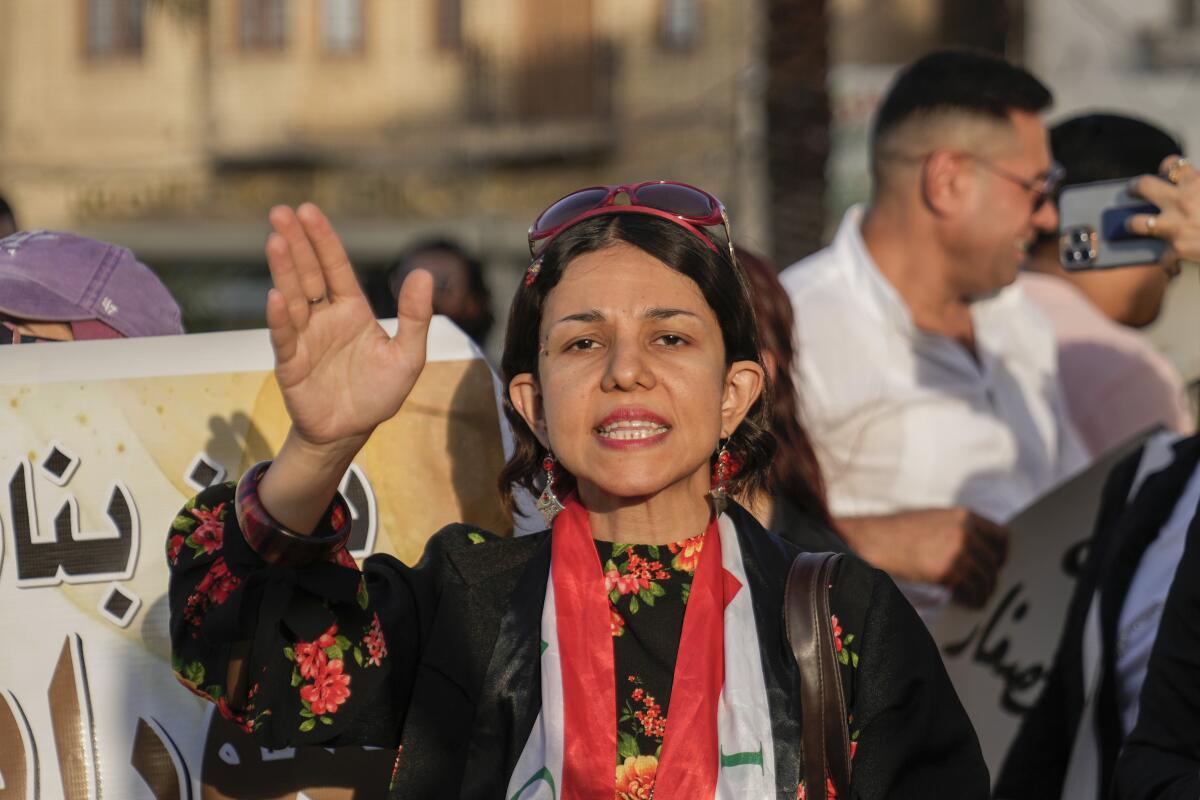 An Iraqi woman protests in Tahrir Square in Baghdad.