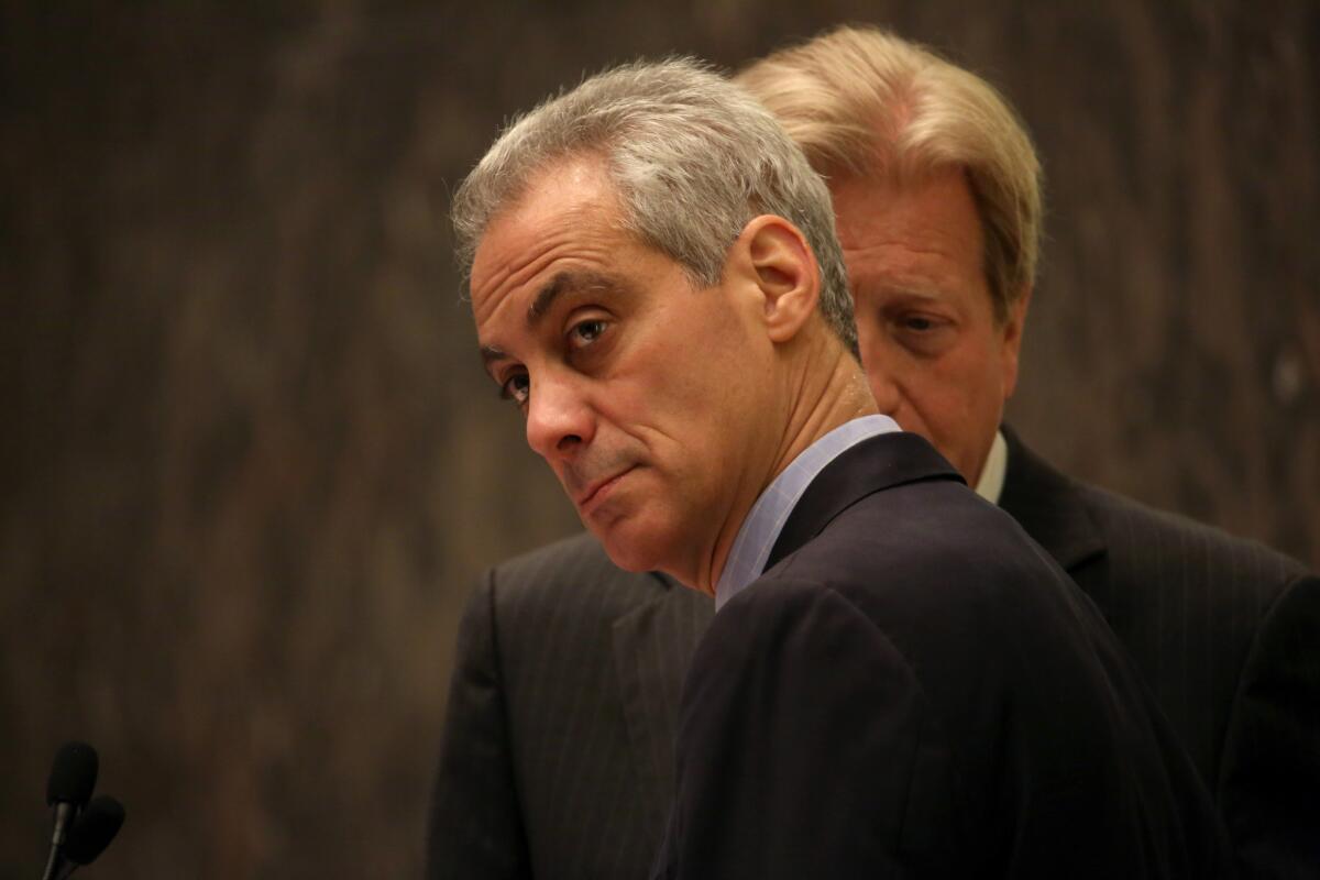 Mayor Rahm Emanuel, with Corporation Counsel Stephen Patton, at a City Council meeting in April 2015. Public documents, including Patton's calendar, show the Law Department was aware there were allegations of discrepancies between police reports and dash-cam video in the Laquan McDonald case.
