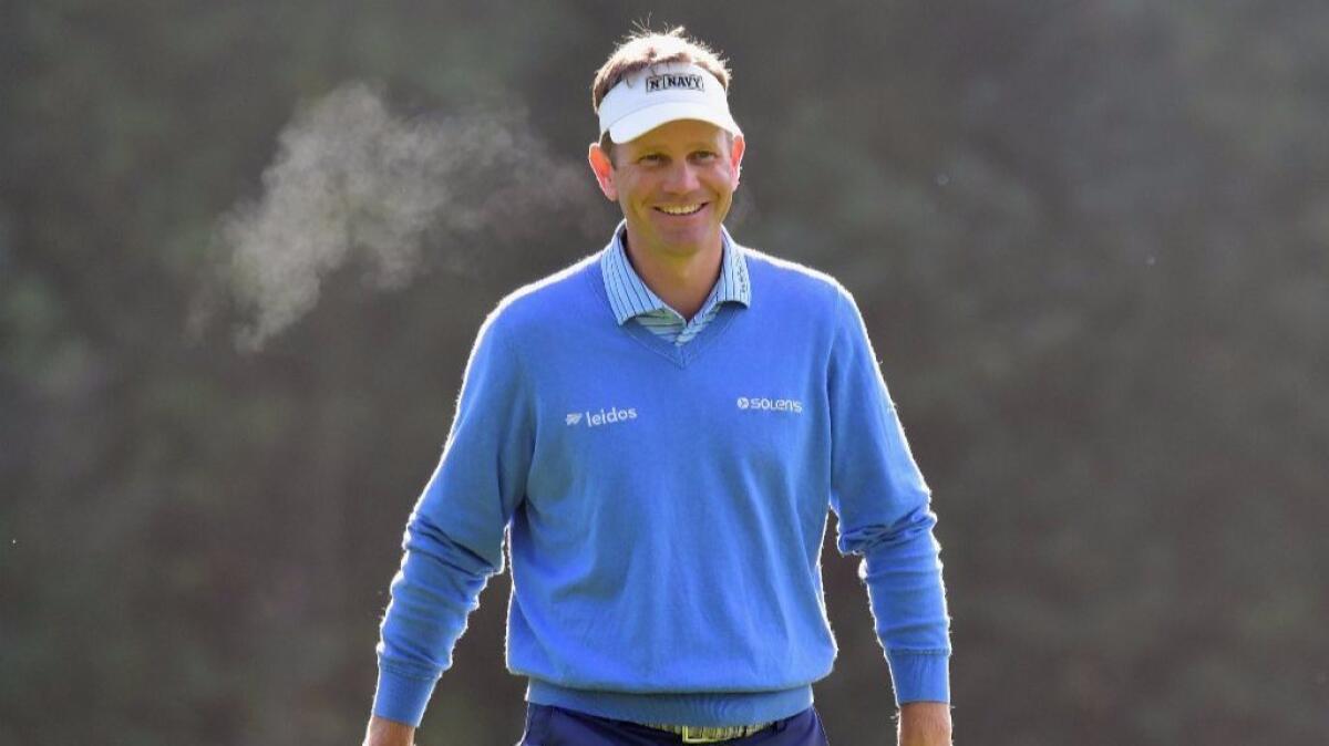 Billy Hurley III appears pleased with a shot at the 12th hole during the first round of the Genesis Open at Riviera Country Club on Thursday.