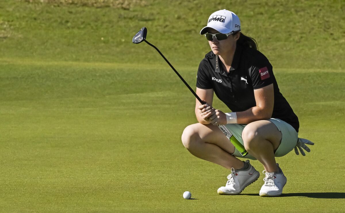 Leona Maguire lines up a putt on the ninth green during the second round of the LPGA Drive On Championship golf tournament at Crown Colony Golf & Country Club, Friday, Feb. 4, 2022, in Fort Myers, Fla. (AP Photo/Steve Nesius)
