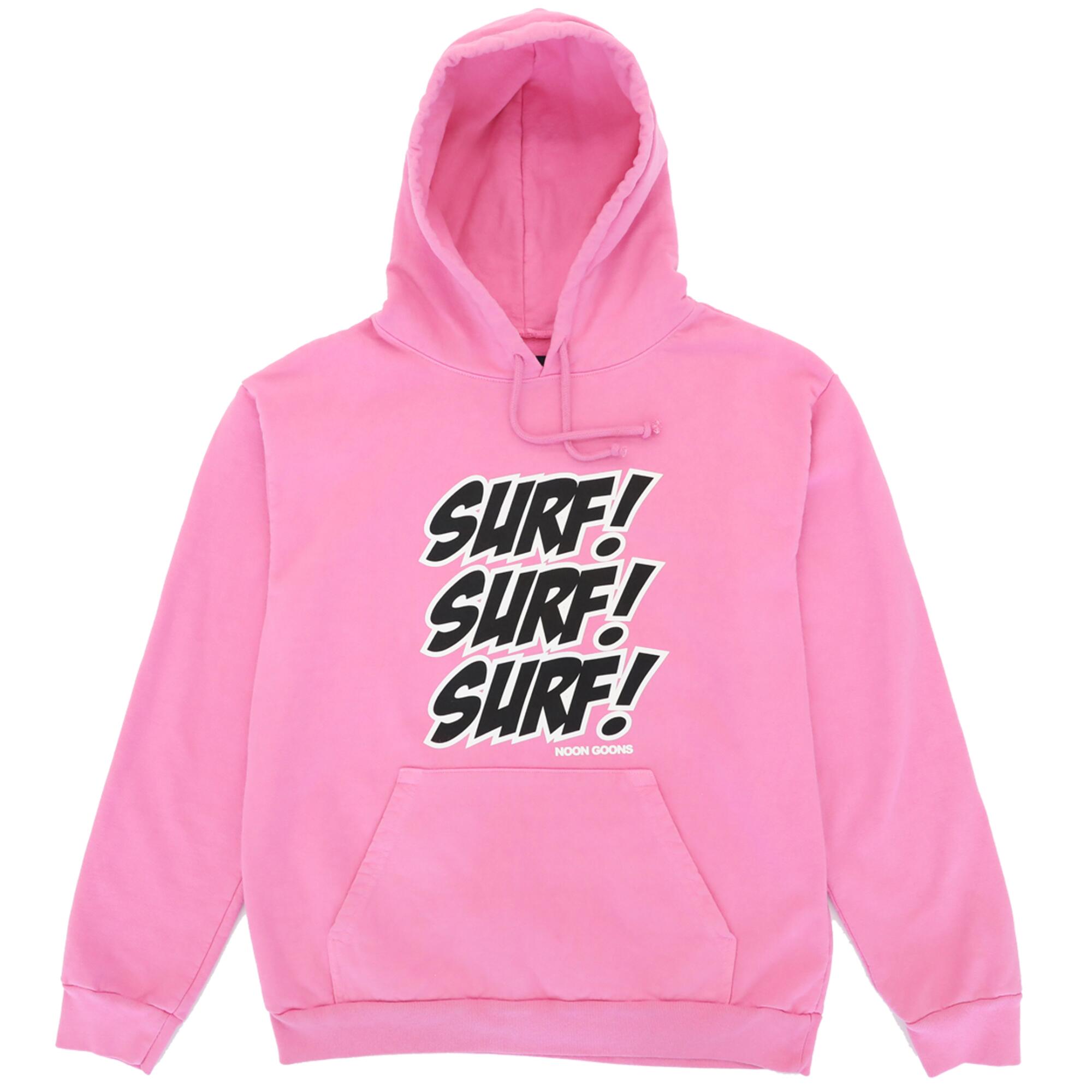 Pink hoodie with "Surf! Surf! Surf!" on it