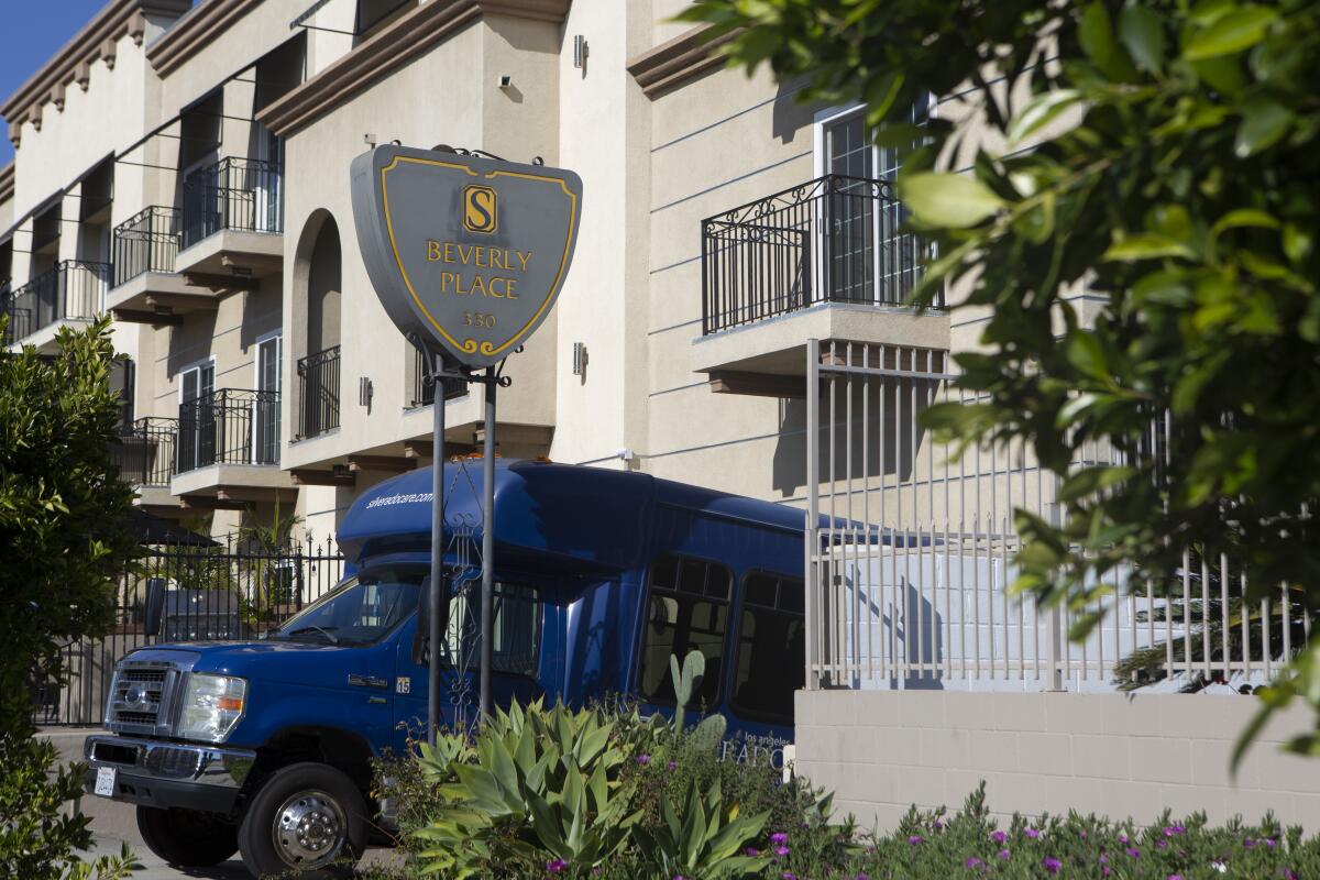 The exterior of Silverado Beverly Place in West Los Angeles where 14 people died after COVID-19 outbreak in March.