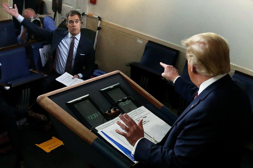 WASHINGTON, DC - MARCH 20: U.S. President Donald Trump debates with NBC News White House Correspondent Peter Alexander during a news briefing on the latest development of the coronavirus outbreak in the U.S. at the James Brady Press Briefing Room at the White House March 20, 2020 in Washington, DC. With deaths caused by the coronavirus rising and foreseeable economic turmoil, the Senate is working on legislation for a $1 trillion aid package to deal with the COVID-19 pandemic. President Trump announced that tax day will be delayed from April 15 to July 15. (Photo by Alex Wong/Getty Images)