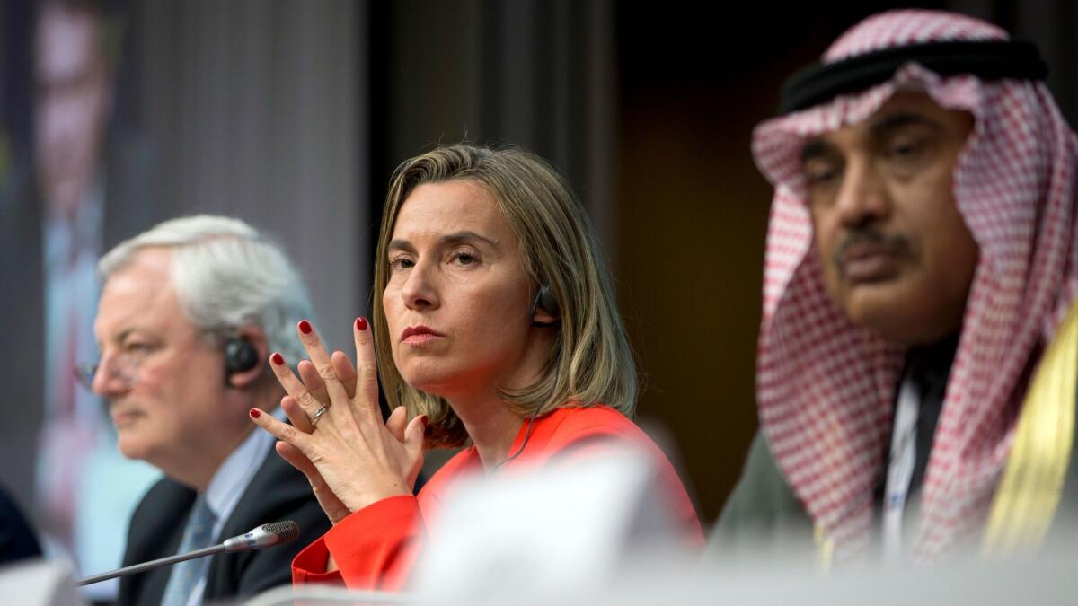 European Union High Representative Federica Mogherini, center, Kuwaiti Foreign Minister Sheik Sabah al Khalid al Hamad al Sabah, right, and Greg O'Brien of the U.N. Office for the Coordination of Humanitarian Affairs gather in Brussels on April 5, 2017.