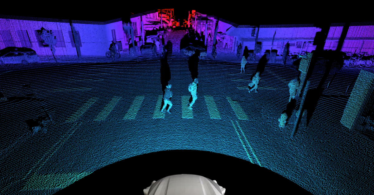 Pedestrians crossing a street are detected by a robot test car's lidar.