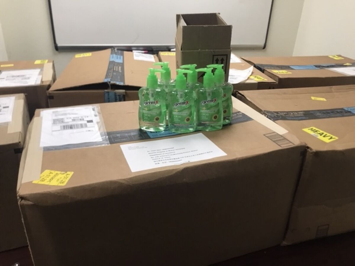 Boxes of hand sanitizer headed to China due to CCA student Andrew Kuang's fundraiser.
