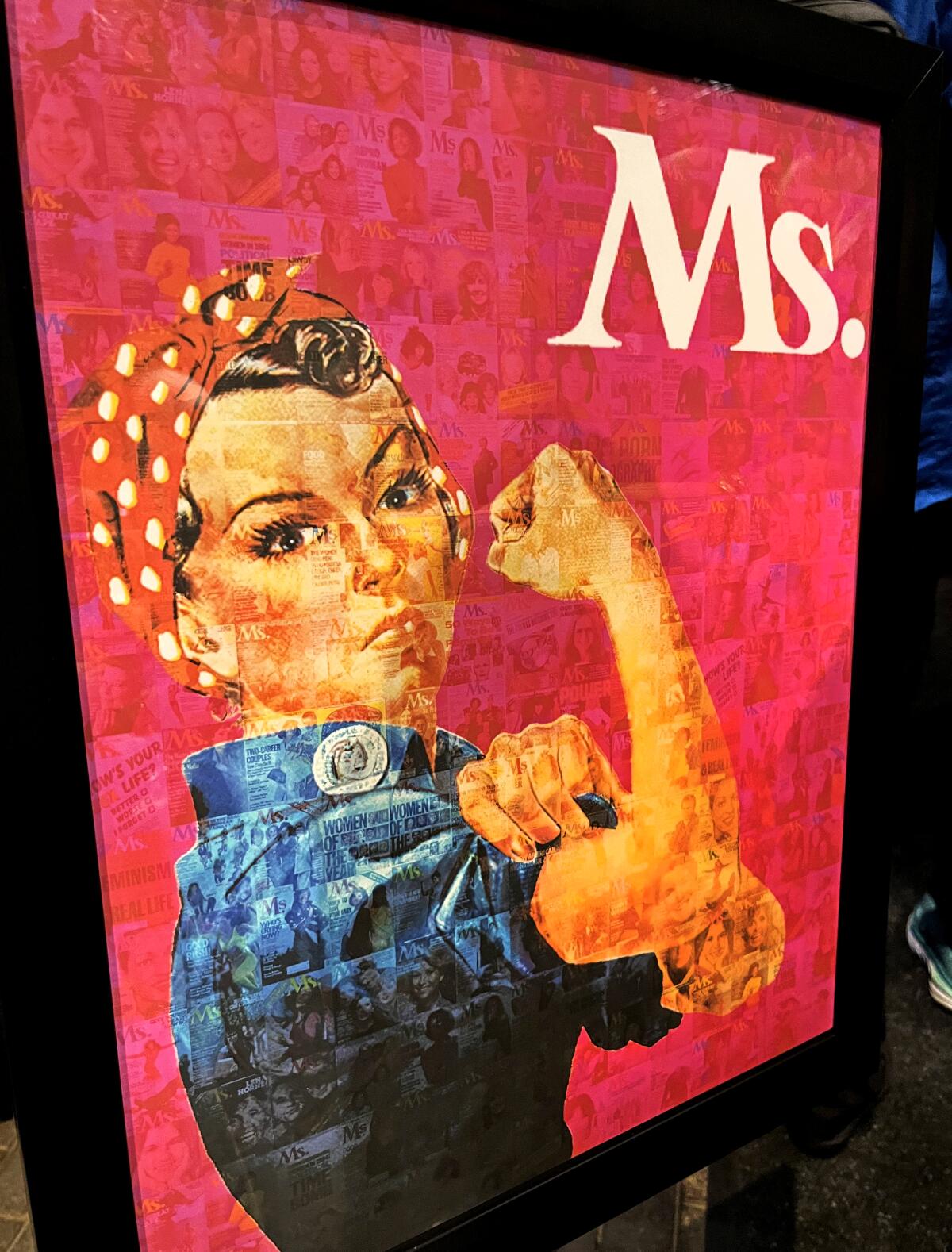 A composite image made from Ms. covers throughout the years shows Rosie the Riveter flexing her biceps.