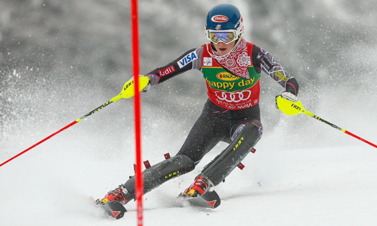 American Mikaela Shiffrin competes during a World Cup slalom event in Slovenia on Feb. 2. Shiffrin is among the favorites to win gold in Tuesday's giant slalom.