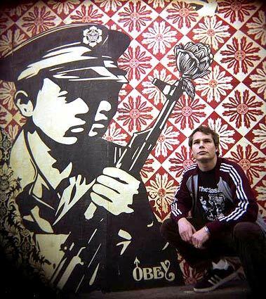 Street artist Shepard Fairey painted Echo Park skate shop Brooklyn Projects.