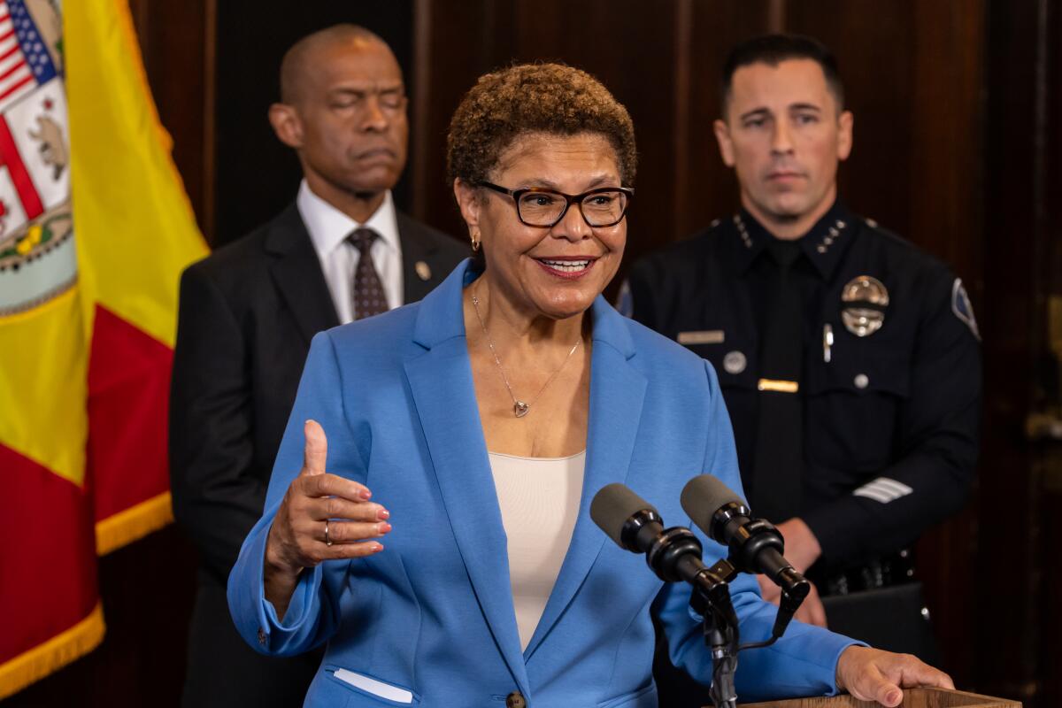 L.A. Mayor Karen Bass at a news conference with law enforcement officials on Thursday.