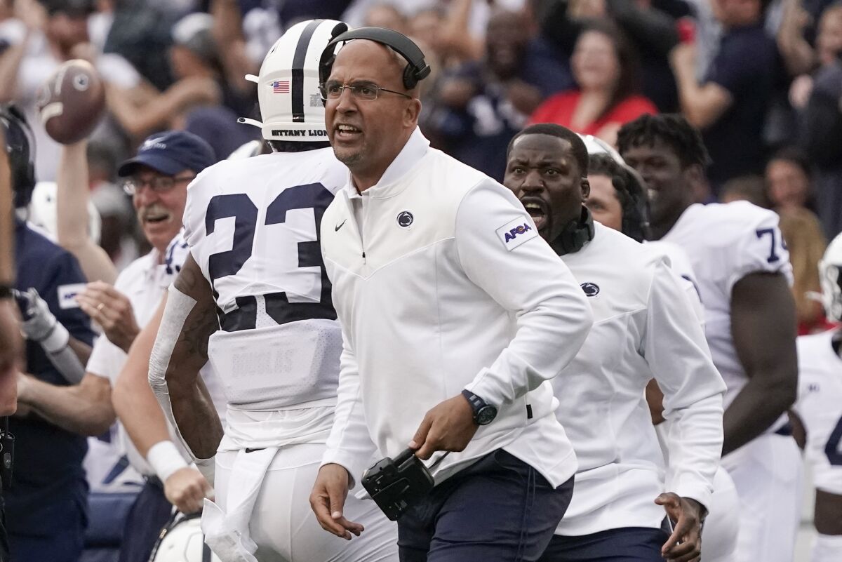 Penn State head coach James Franklin reacts to a blocked field goal during the first half of an NCAA college football game against Wisconsin Saturday, Sept. 4, 2021, in Madison, Wis. (AP Photo/Morry Gash)