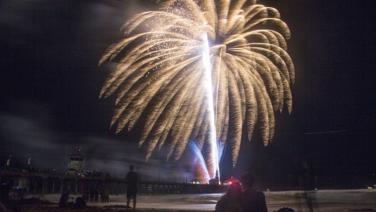 A fireworks show at the Huntington Beach Pier on July 4, 2016.