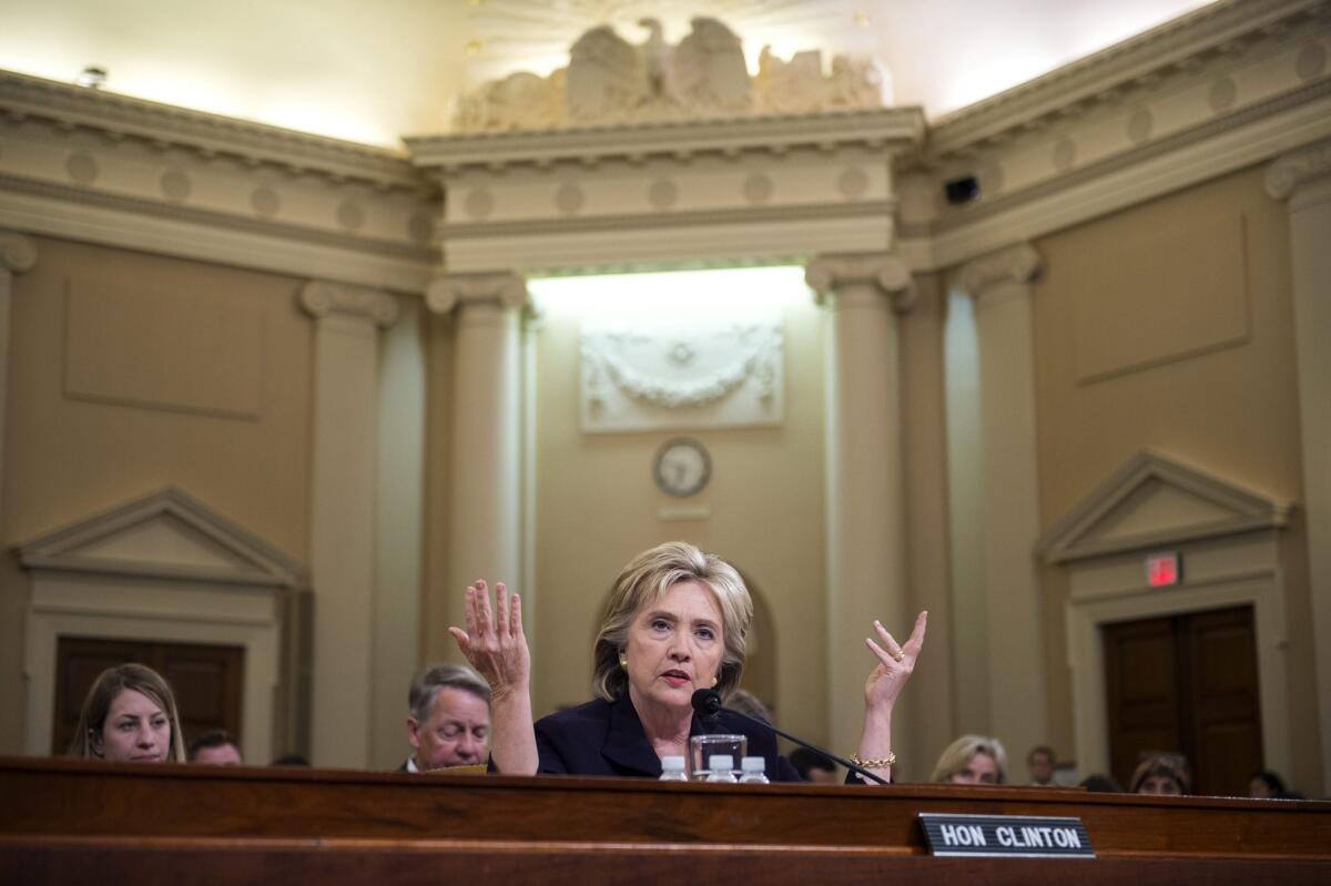 Former Secretary of State and Democratic presidential candidate Hillary Clinton testifies before the House Select Committee on Benghazi in Washington on October 22.
