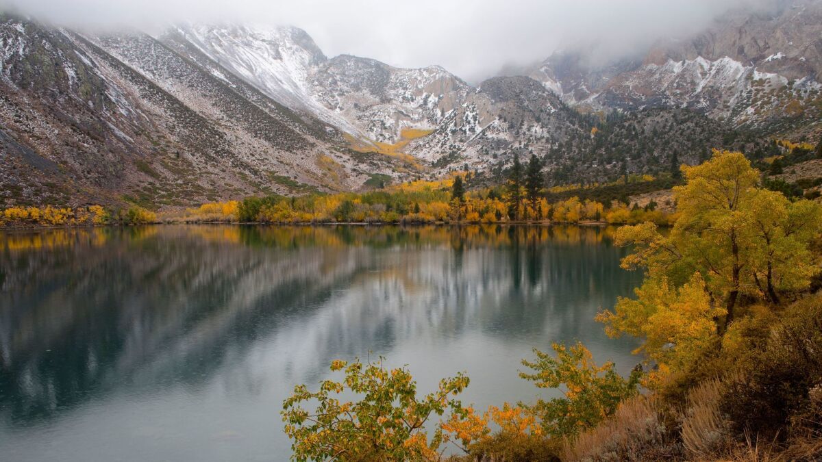 Early fall morning after overnight snow storm, Convict Lake, eastern Sierra, Calif.