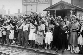 Relatives and friends wave goodbye to a train carrying 1,500 illegal Mexicans being expelled from Los Angeles back to Mexico 1931.