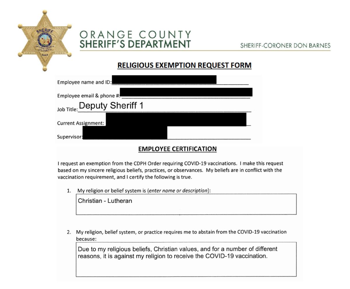 Religious exemption request form from the Orange County Sheriff's Department