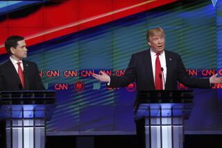 FILE - Republican presidential candidate, businessman Donald Trump, right, answers a question, as Republican presidential candidate, Sen. Marco Rubio, R-Fla., listens, during the Republican presidential debate at the University of Miami, March 10, 2016, in Coral Gables, Fla. Trump’s norm-busting style carried him from reality TV to the White House, and he remade the party in his image along the way. But that style has befuddled those who try to run against him, especially now as they seek to win over some of his supporters rather than draw their ire. (AP Photo/Wilfredo Lee, File)