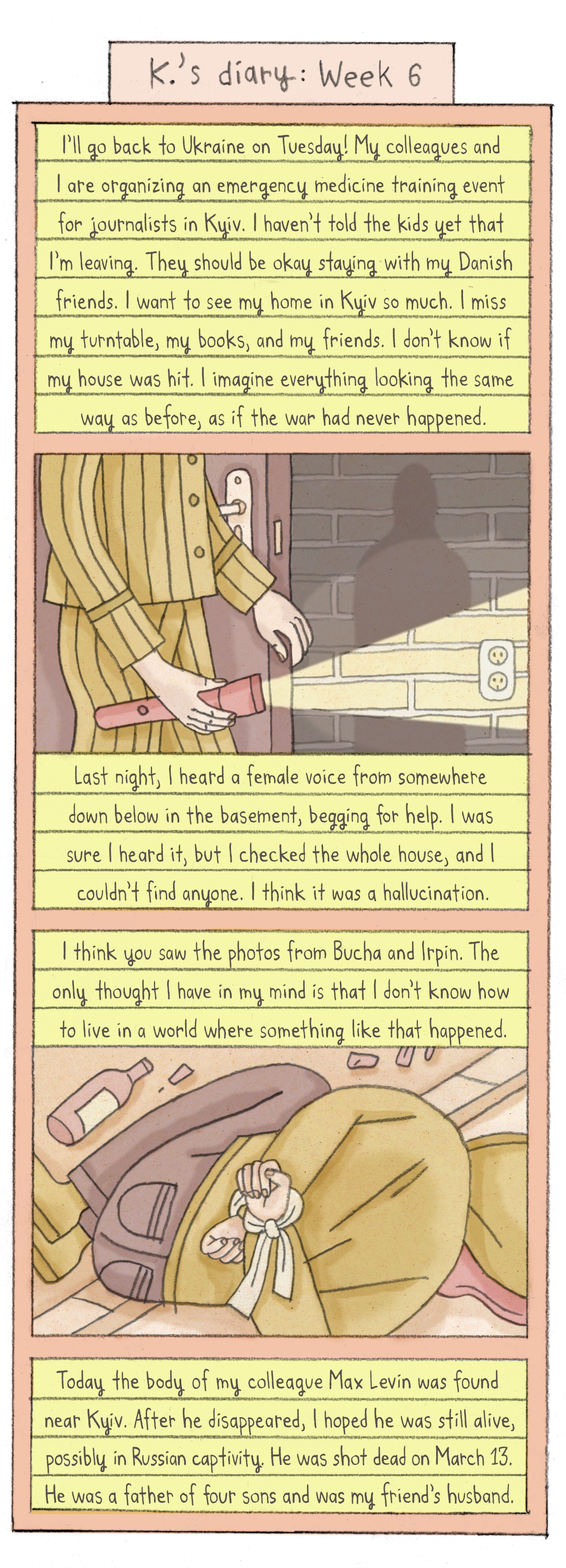 comic panels depict a figure with flashlight entering a dark room. below, the body of a dead person with bound hands.