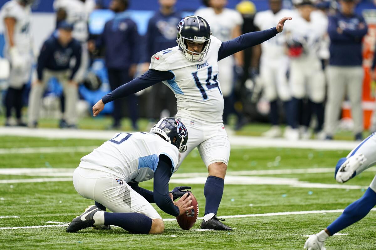 Tennessee's Randy Bullock kicks a field goal against the Indianapolis Colts on Sunday.