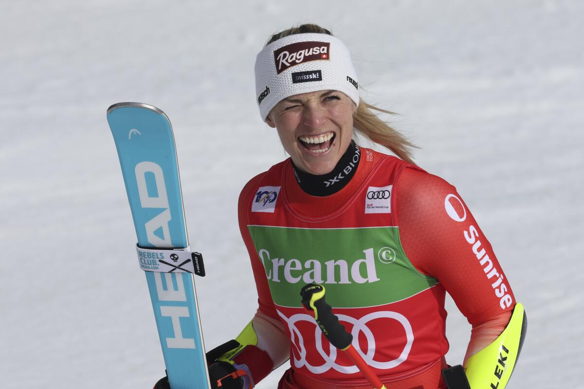 Switzerland's Lara Gut Behrami reacts after winning an alpine ski, women's World Cup giant slalom race, in Soldeu, Andorra, Saturday, Feb. 10, 2024. (AP Photo/Marco Trovati)