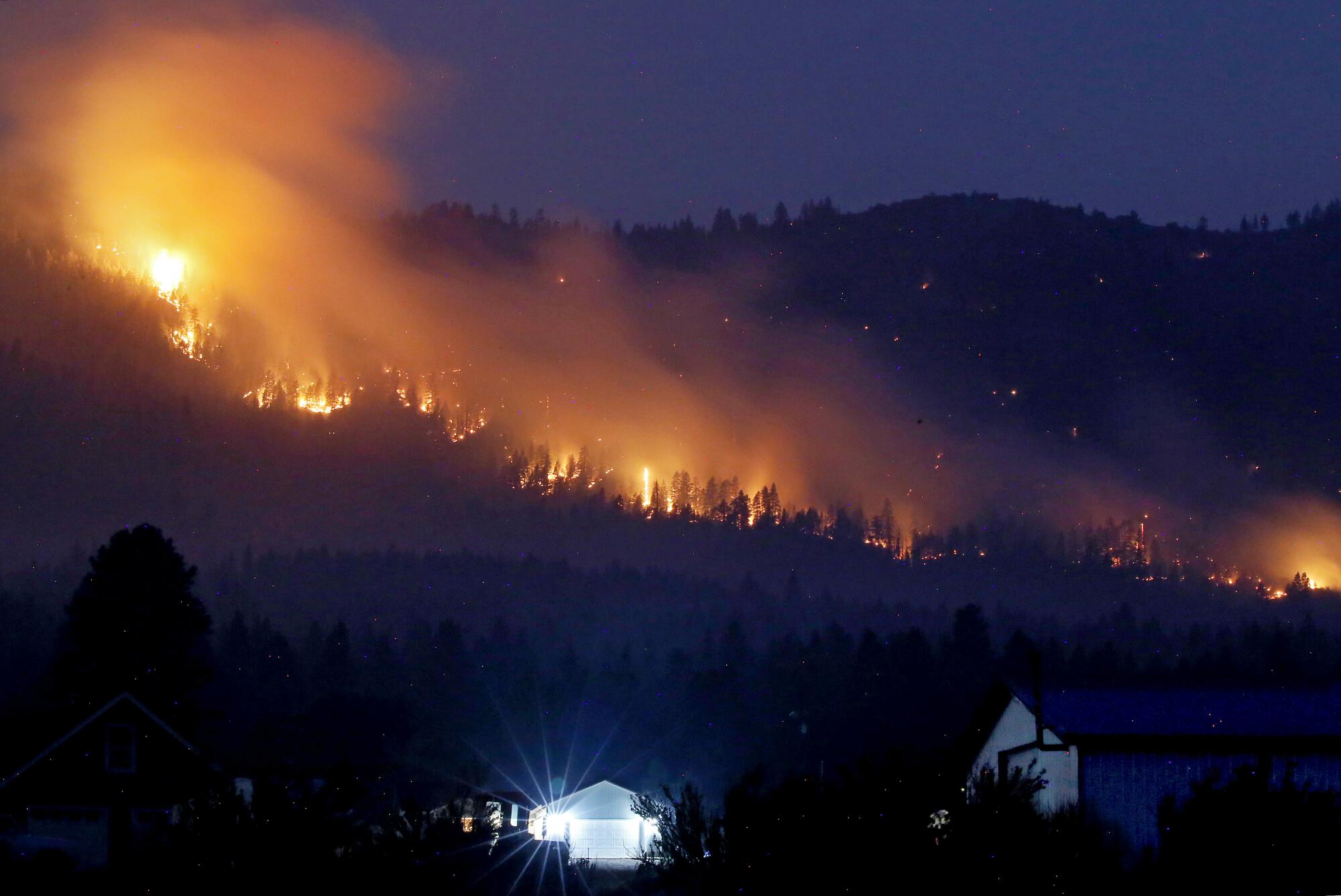 Flames burn through trees on a mountainside at night