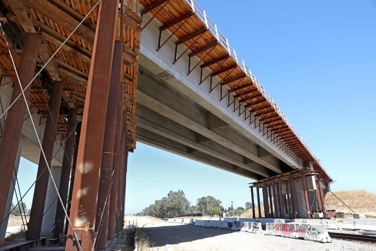 A bullet train bridge for the high-speed rail project, under construction on Aug. 5, 2020 in Madera, CA. 