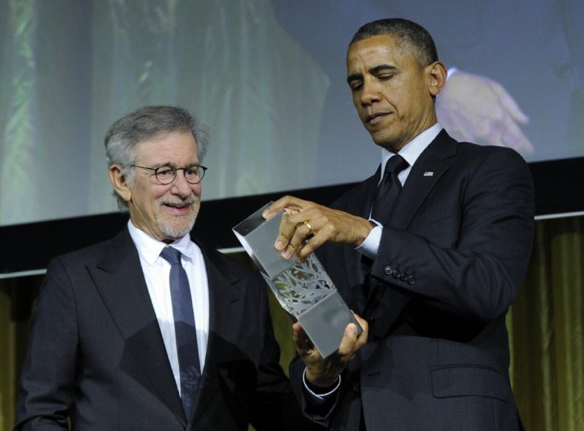 Steven Spielberg stands with President Obama at the USC Shoah Foundation gala in May, when the president was given the Ambassador for Humanity Award.