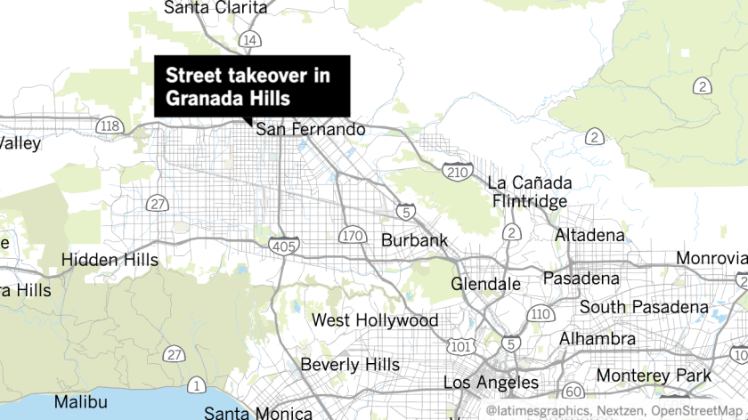 A map shows where the 'street takeover' occurred in Granada Hills.