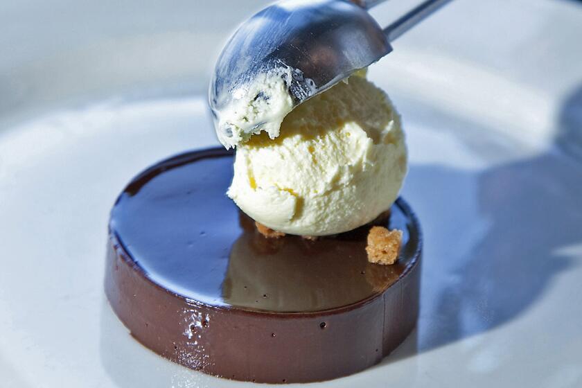Recipe: Bittersweet chocolate tartufo with olive oil gelato and olive oil-fried croutons by Nancy Silverton.