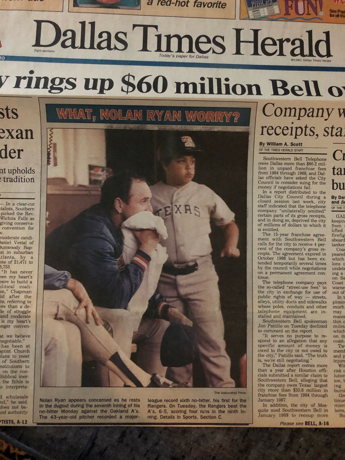 Front page of the Dallas Times Herald on June 12, 1990 featuring a young Perry Minasian with Texas Rangers' Nolan Ryan.