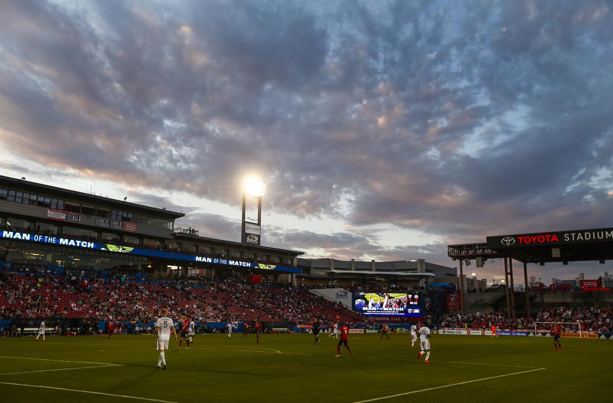 The sun sets during the second half as FC Dallas plays host to the Philadelphia Union on Feb. 29 in Frisco, Texas.