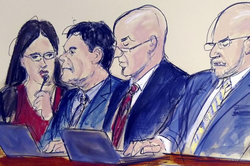 In this courtroom drawing, defendant Joaquin "El Chapo" Guzman, second from left, listens to the judge while staring at the jury as the verdict is read in his drug trafficking trail, Tuesday, Feb. 12, 2019 in New York. The notorious Mexican drug lord was convicted of drug-trafficking charges, Tuesday. Seated at the defense table, from left are, an interpreter, Guzman, and defense attorneys William Purpura and Eduardo Balarezo. (Elizabeth Williams via AP)