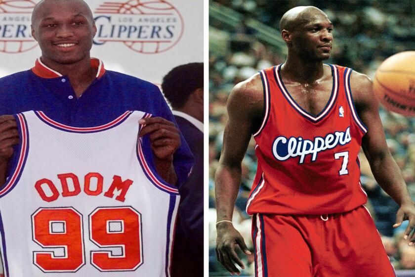 Left: Lamar Odom holds up a Los Angeles Clippers jersey with his name on it during a Clippers news conference July 1, 1999. Right: Rookie Odom is seen during a game against the Phoenix Suns on Oct. 19, 1999.