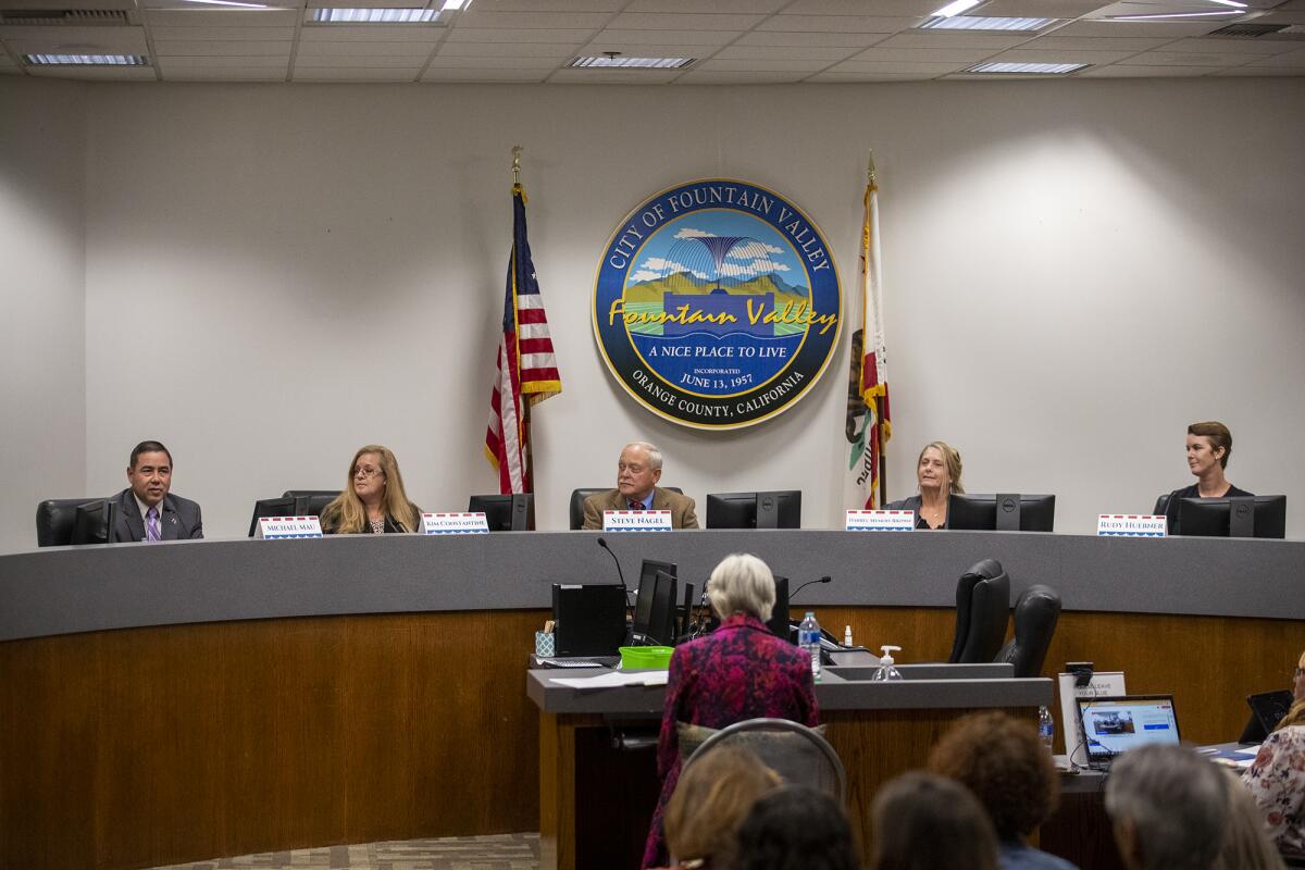 Candidates for Fountain Valley City Council take part in a forum on Tuesday.