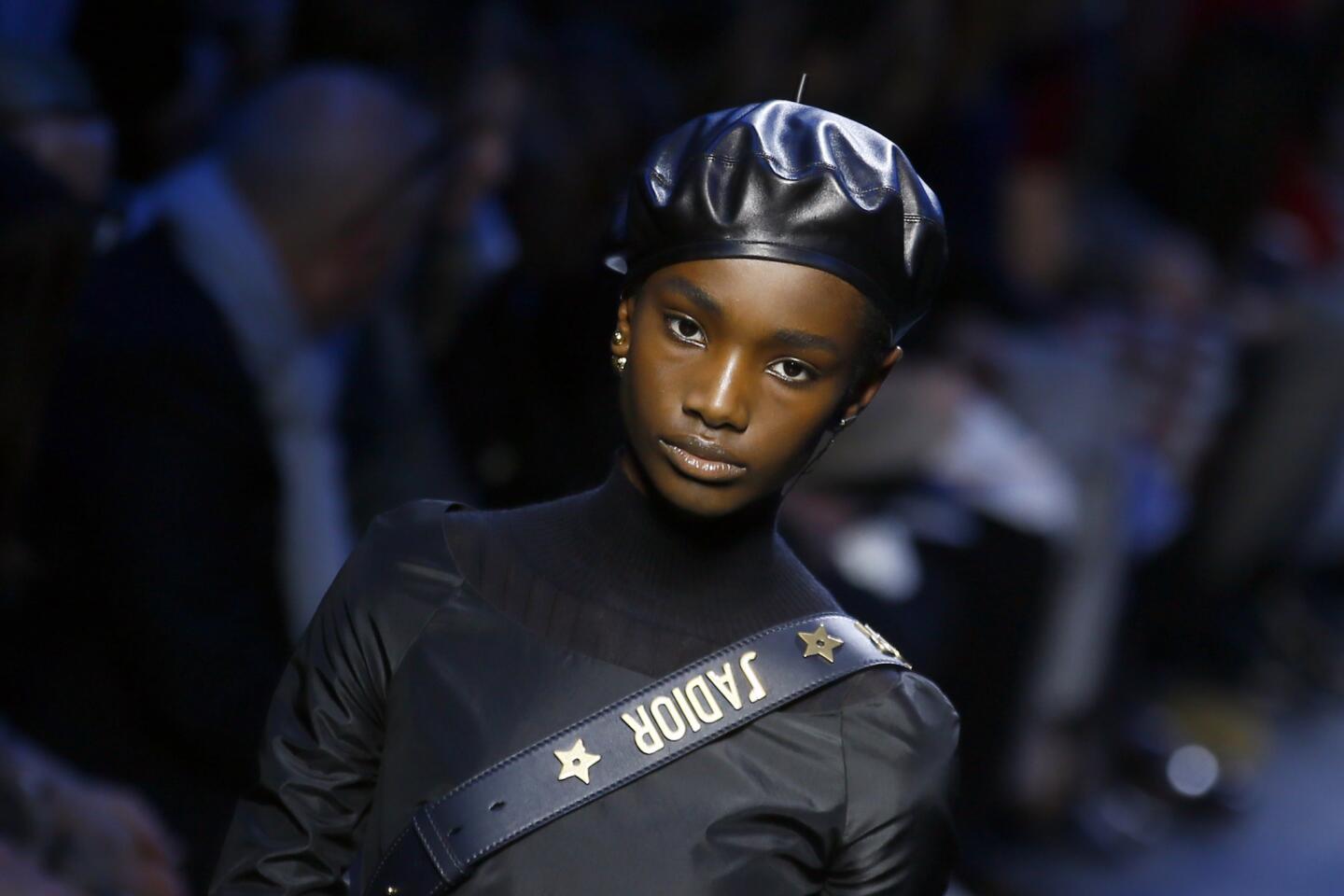 Berets made a statement on a number of Paris runways. This black leather one at the Dior show looks particularly revolutionary.
