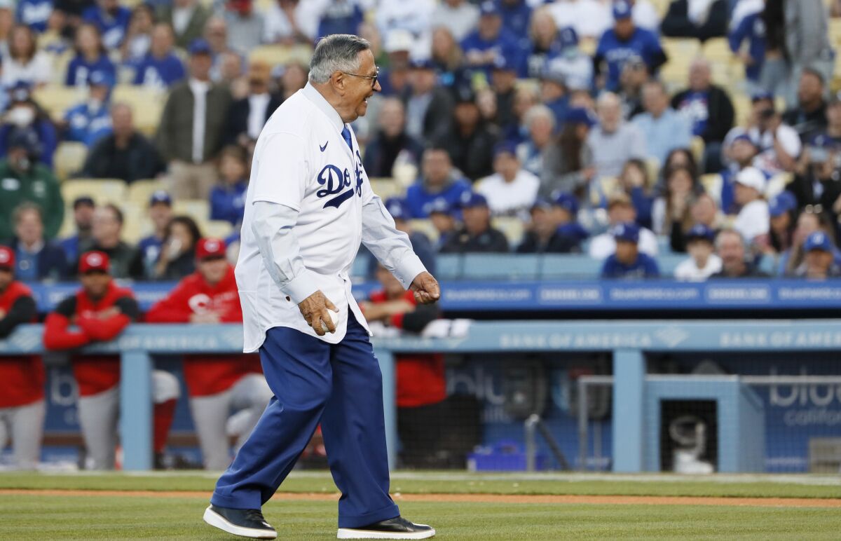 Dodgers Spanish-language broadcaster Jaime Jarrín prepares to throw out the first pitch before Thursday's home opener.