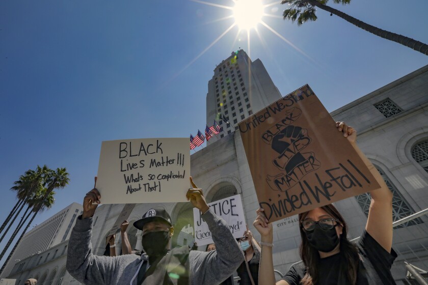 Protest over police brutality in front of Los Angeles City Hall.