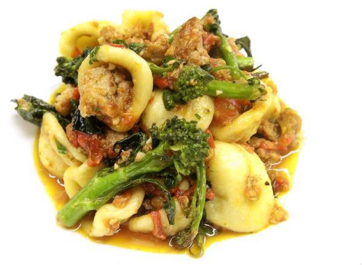 Orecchiette with sausage sugo, sprouting broccoli, chiles and ragu at Bucato, in the old Beacon space in the Helms Bakery complex in Culver City.