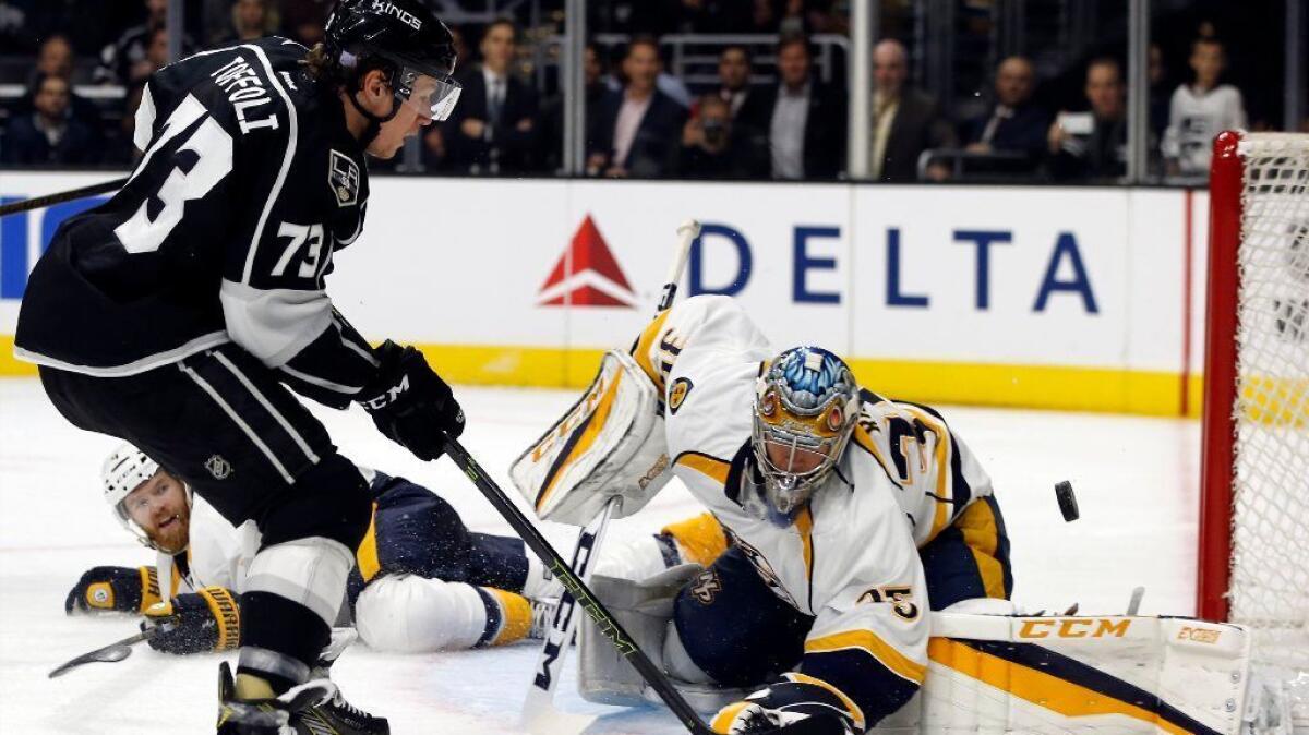 Kings forward Tyler Toffoli scores on Predators goalie Pekka Rinne during the second period of a game on Oct. 27.