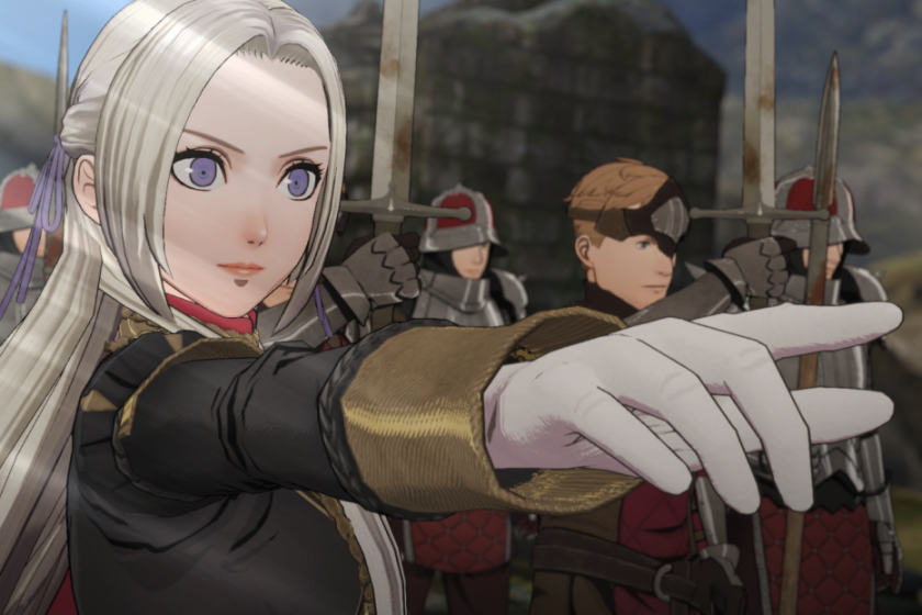A female animated character from "Fire Emblem: Three Houses" points her index finger at the journey ahead. An army stands behind her.